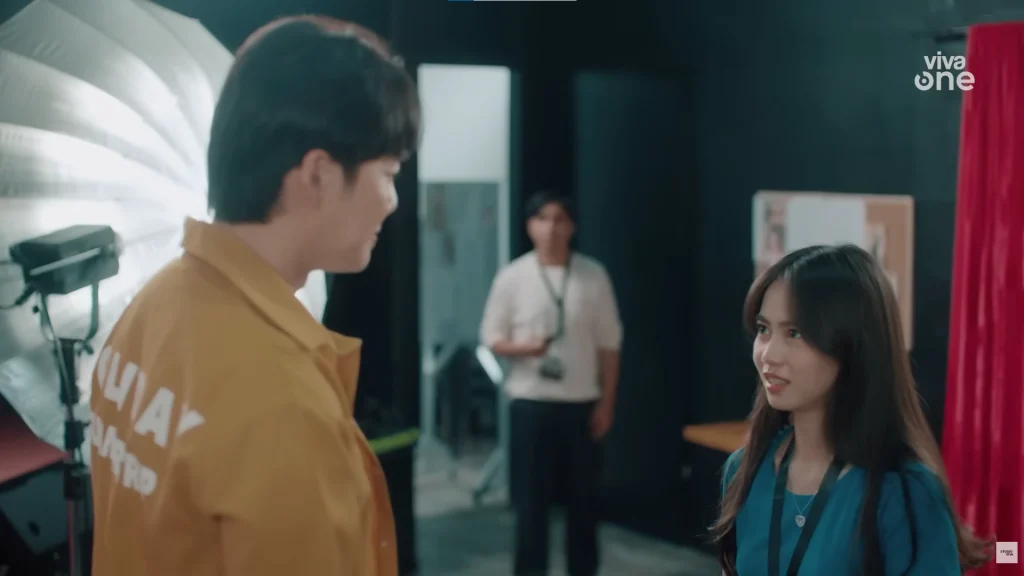 Ashtine Olviga as Melody, Lee Dae Won as Chanwoo, and Rob Deniel as George in a studio scene from Viva One's My Melody.