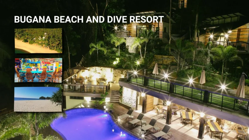 Bugana Beach and Dive Resort in Sipalay at night, featuring an illuminated blue swimming pool, hillside villas surrounded by tropical greenery, poolside loungers, dining tables, and inset views of the beach and resort facilities.