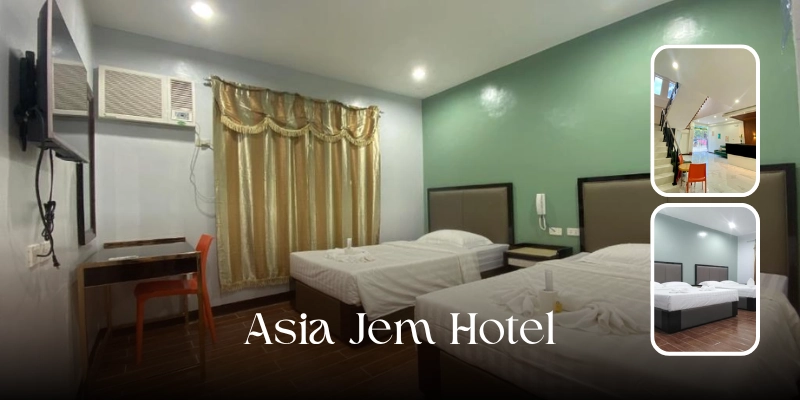Featured image of Asia Jem Hotel showing a twin guest room with two white beds, a green accent wall, gold curtains, air-conditioning, a wall-mounted television, and inset views of the hotel lobby and another bedroom.