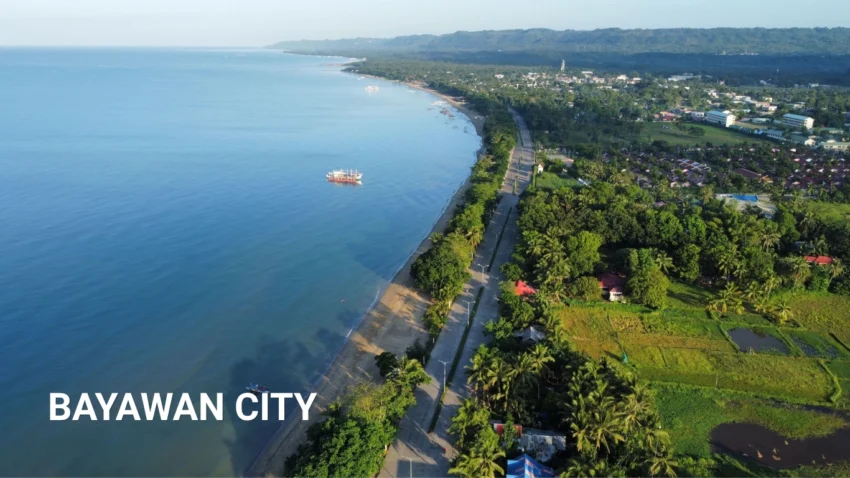 Featured image for a Bayawan City Travel Guide showing an aerial view of the long coastline, calm blue sea, coastal road, palm trees, green fields, nearby neighborhoods, and boats offshore.