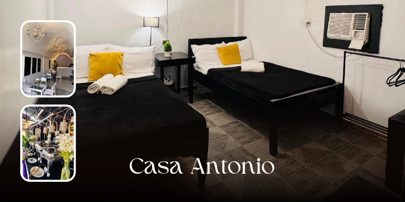 Featured image of Casa Antonio showing a twin guest room with two black-framed beds, white linens, yellow accent pillows, a window-type air conditioner, and inset views of a bright dining area and decorated interior space.