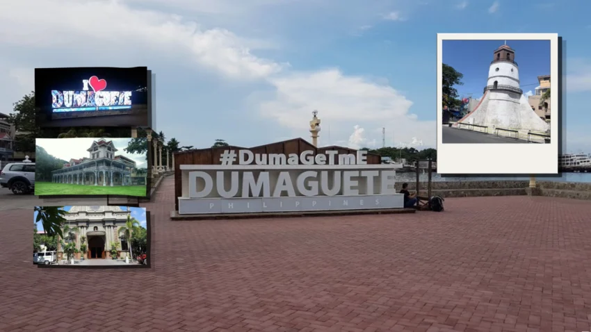 Dumaguete Travel Guide collage featuring the Dumaguete city sign along Rizal Boulevard, the Dumaguete Belfry, Silliman University Hall, Saint Catherine of Alexandria Cathedral, and the illuminated I Love Dumaguete sign.