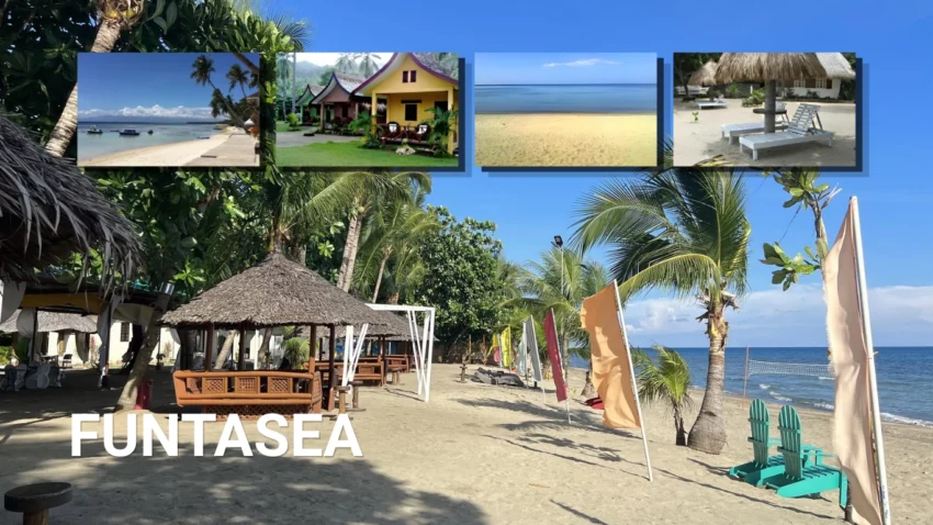 Featured image of Funtasea Beach Resort showing a sandy beachfront lined with palm trees, native-style cottages, colorful flags, beach chairs, calm sea views, and smaller photos of the resort’s rooms and shoreline.