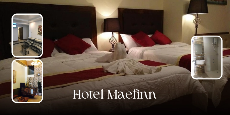 Featured image of Hotel Maefinn showing a spacious guest room with multiple beds, white linens, red accent pillows and runners, bedside lamps, and inset photos of a lounge area, furnished interior, and private bathroom.