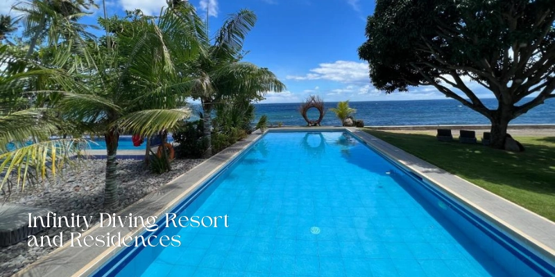 Featured image of Infinity Diving Resort and Residences showing a long blue swimming pool facing the ocean, surrounded by palm trees, tropical landscaping, a shaded lawn, and clear blue skies.