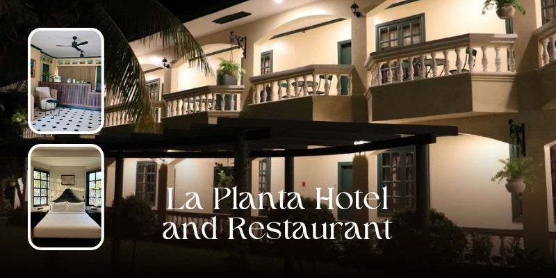 Featured image of La Planta Hotel and Restaurant showing its warmly lit two-story exterior with balconies and landscaped surroundings, plus inset views of the reception area and a neatly prepared guest room.