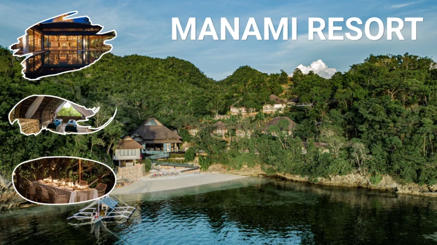Manami Resort Sipalay surrounded by forested hills beside a secluded white-sand cove, with hillside villas, calm coastal water, an outrigger boat, and inset views of elegant dining and wellness spaces.