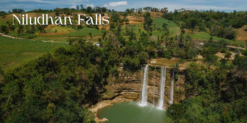 Featured image of Niludhan Falls showing several streams of water dropping over a wide rocky cliff into a green natural pool, surrounded by dense trees, farmland, and rolling countryside hills.