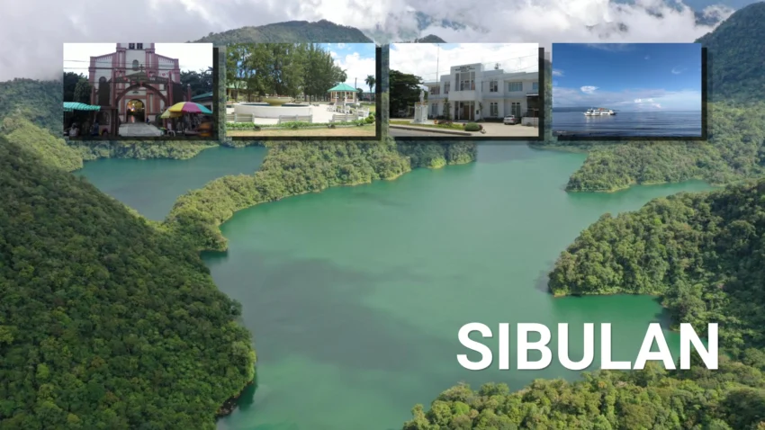 Sibulan Travel Guide collage featuring a green mountain lake surrounded by forested hills, with inset images of a local church, town plaza, municipal hall, and passenger ferry on the coast.