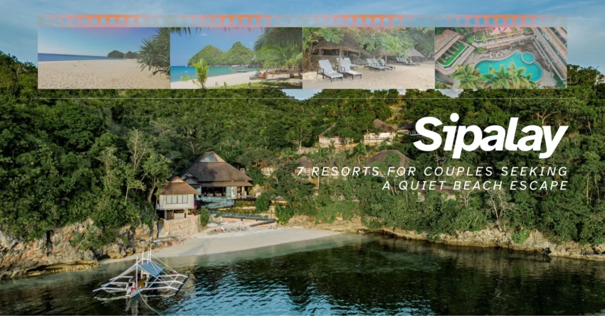 A collage of Sipalay resorts for couples, featuring a secluded beachfront resort surrounded by lush forest, calm blue water, an outrigger boat, sandy beaches, lounge chairs, and a swimming pool.