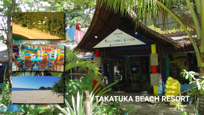 Takatuka Beach Resort in Sipalay shown in a collage featuring the colorful resort entrance surrounded by tropical plants, with smaller images of the sandy beach, aerial shoreline view, and vibrant bar area.