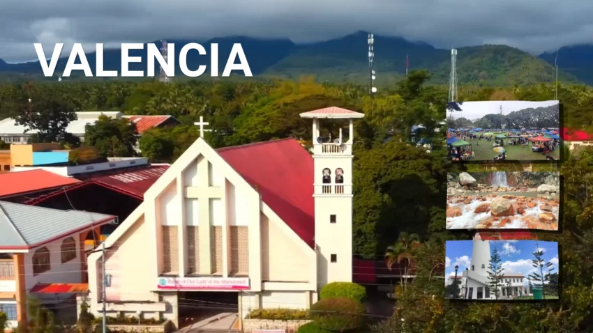 Valencia Travel Guide collage featuring the Parish of Our Lady of the Abandoned with forested mountains behind it, plus inset views of a community event, a rocky mountain stream, and a white heritage-style building.